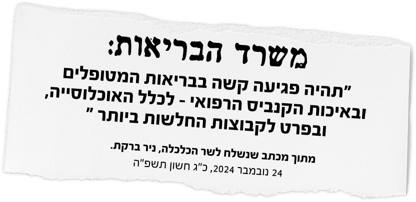 משרד הבריאות: ״תהיה פגיעה קשה בבריאות המטופלים ובאיכות הקנביס הרפואי - לכלל האוכלוסייה, ובפרט לקבוצות החלשות ביותר״ מתוך מכתב שנשלח לשר הכלכלה, ניר ברקת. 24 נובמבר 2024, כ״ג חשון תשפ״ה